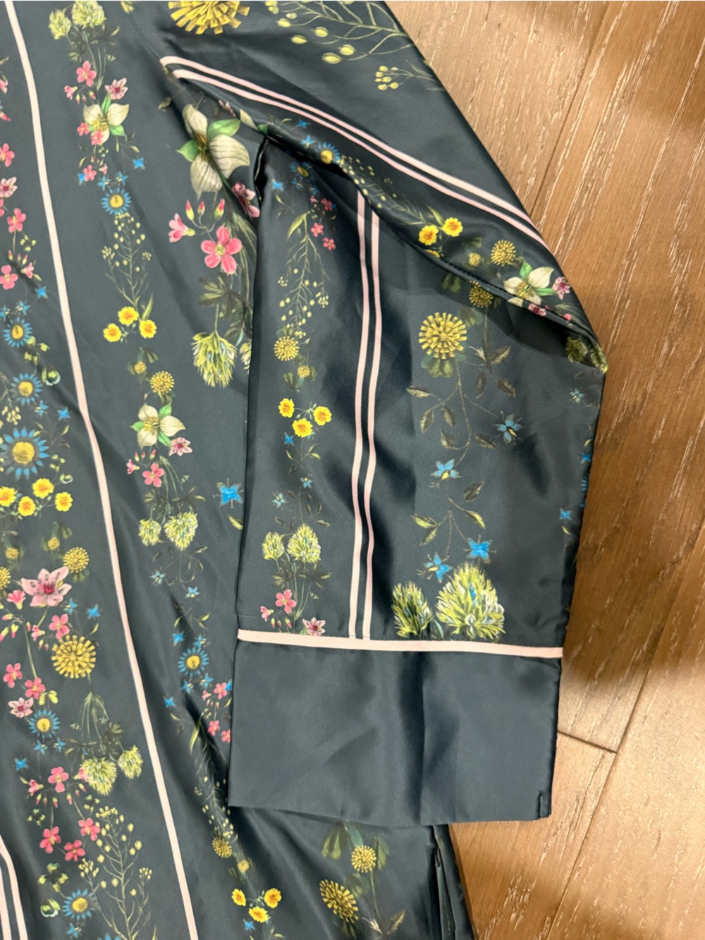 Ted Baker London Green Floral Stripe Satin Pajama Set with Piping Button-Up - Picture 5 of 13